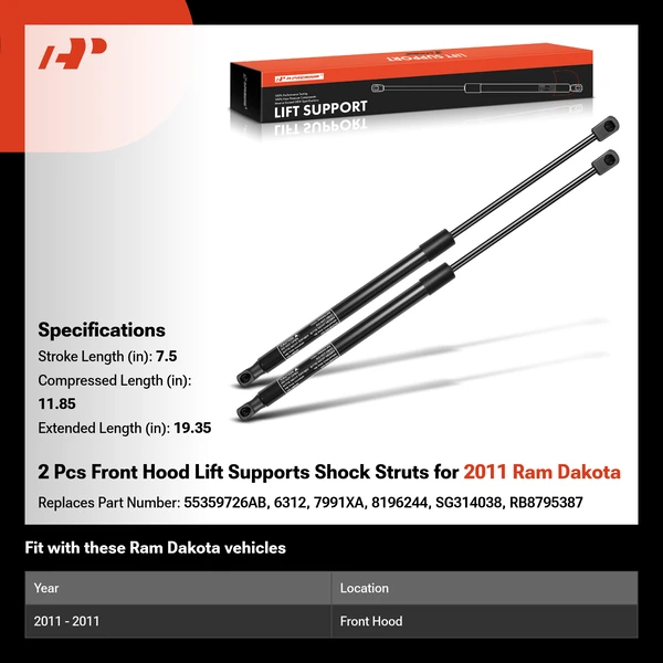 2 Pcs Front Hood Lift Supports Shock Struts for 2011 Ram Dakota