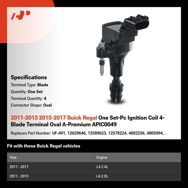 2011-2013 2015-2017 Buick Regal One Set-Pc Ignition Coil 4-Blade Terminal Oval A-Premium APIC0049
