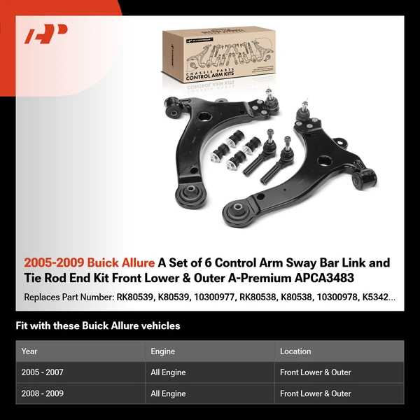 2005-2009 Buick Allure A Set of 6 Control Arm Sway Bar Link and Tie Rod End Kit Front Lower & Outer A-Premium APCA3483