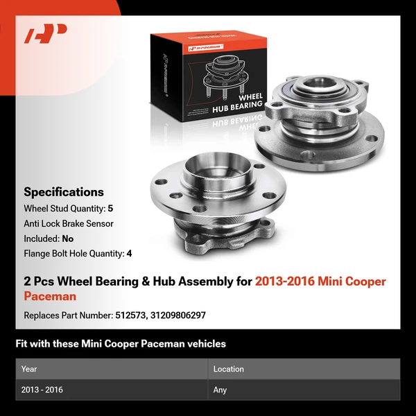 2 Pcs Wheel Bearing & Hub Assembly for 2013-2016 Mini Cooper Paceman