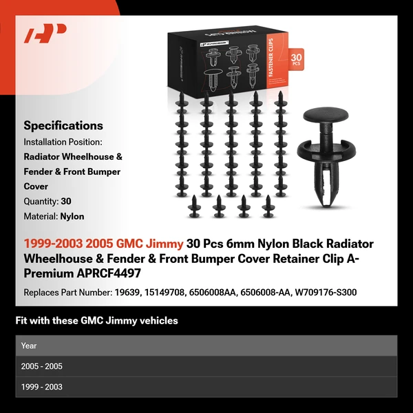 1999-2003 2005 GMC Jimmy 30 Pcs 6mm Nylon Black Radiator Wheelhouse & Fender & Front Bumper Cover Retainer Clip A-Premium APRCF4497