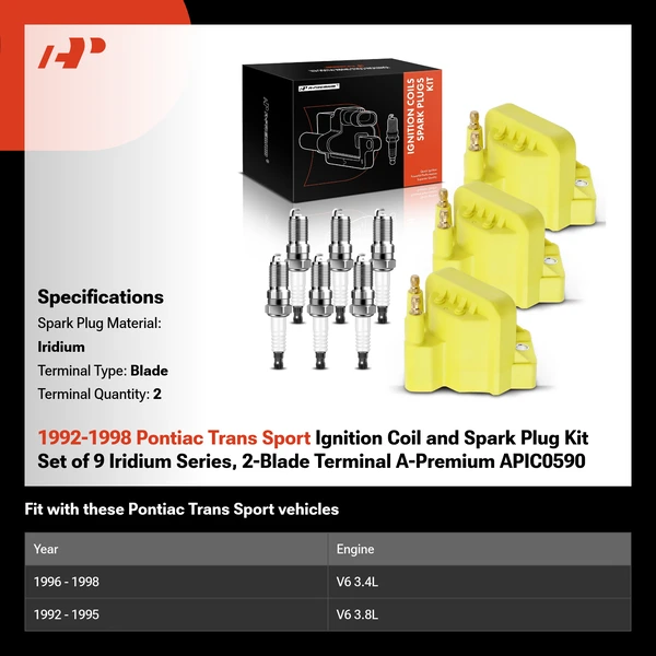 1992-1998 Pontiac Trans Sport Ignition Coil and Spark Plug Kit Set of 9 Iridium Series, 2-Blade Terminal A-Premium APIC0590