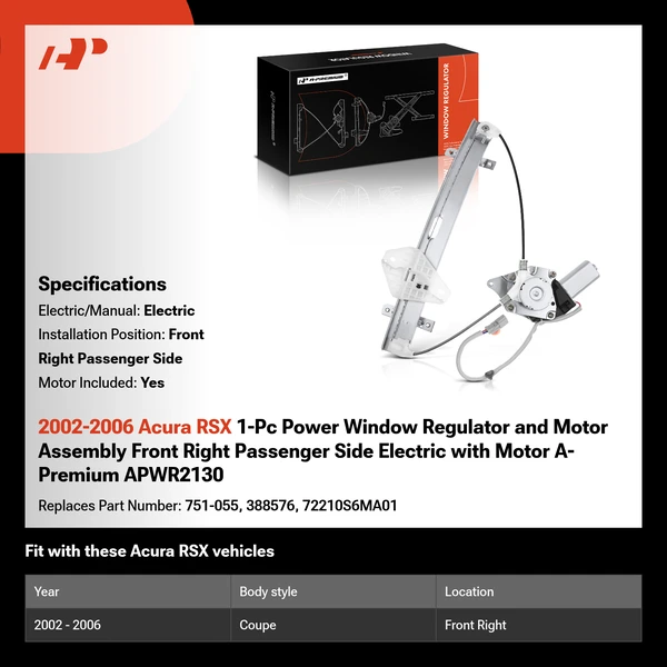 2002-2006 Acura RSX 1-Pc Power Window Regulator and Motor Assembly Front Right Passenger Side Electric with Motor A-Premium APWR2130