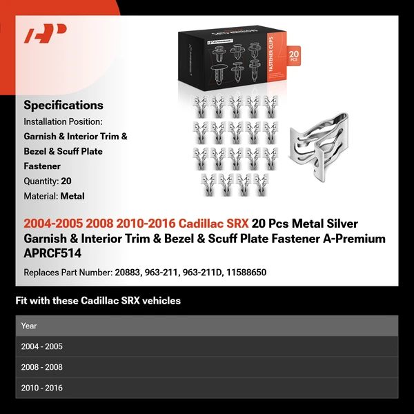 2004-2005 2008 2010-2016 Cadillac SRX 20 Pcs Metal Silver Garnish & Interior Trim & Bezel & Scuff Plate Fastener A-Premium APRCF514