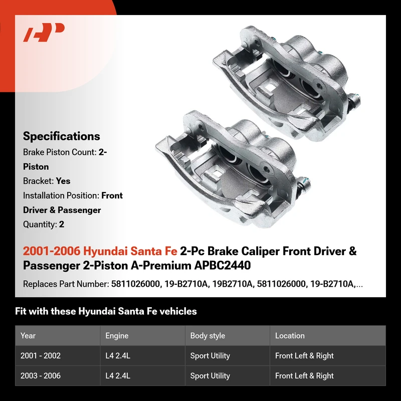 2001-2006 Hyundai Santa Fe 2-Pc Brake Caliper Front Driver & Passenger 2-Piston A-Premium APBC2440
