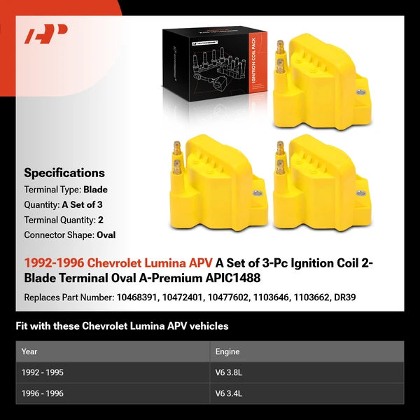 1992-1996 Chevrolet Lumina APV A Set of 3-Pc Ignition Coil 2-Blade Terminal Oval A-Premium APIC1488
