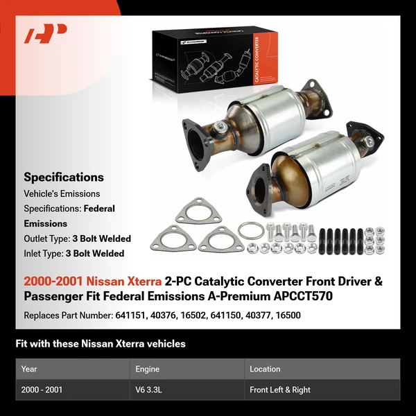 2000-2001 Nissan Xterra 2-PC Catalytic Converter Front Driver & Passenger Fit Federal Emissions A-Premium APCCT570