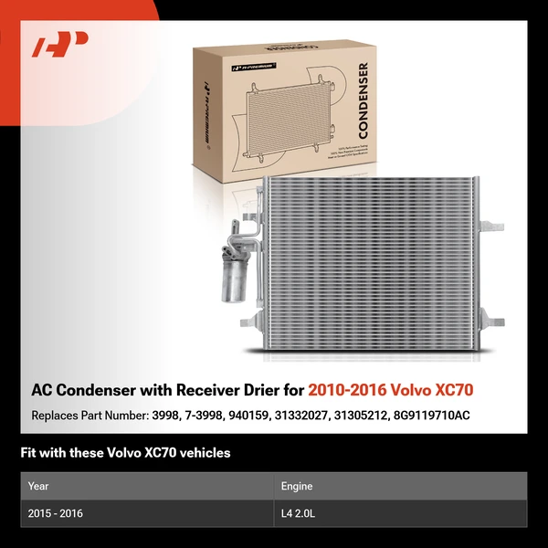 AC Condenser with Receiver Drier for 2010-2016 Volvo XC70