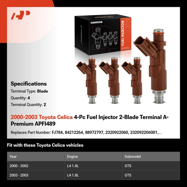 2000-2003 Toyota Celica 4-Pc Fuel Injector 2-Blade Terminal A-Premium APFI489