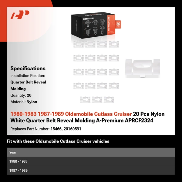 1980-1983 1987-1989 Oldsmobile Cutlass Cruiser 20 Pcs Nylon White Quarter Belt Reveal Molding A-Premium APRCF2324