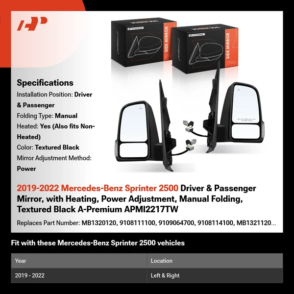 2019-2022 Mercedes-Benz Sprinter 2500 Driver & Passenger Mirror, with Heating, Power Adjustment, Manual Folding, Textured Black A-Premium APMI2217TW