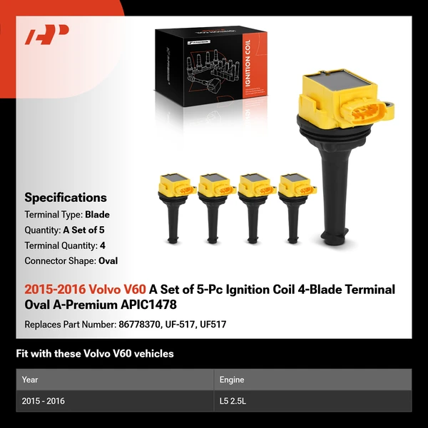 2015-2016 Volvo V60 A Set of 5-Pc Ignition Coil 4-Blade Terminal Oval A-Premium APIC1478