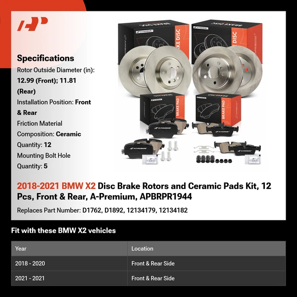 2018-2021 BMW X2 Disc Brake Rotors and Ceramic Pads Kit, 12 Pcs, Front & Rear, A-Premium, APBRPR1944