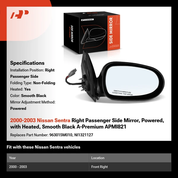 2000-2003 Nissan Sentra Right Passenger Side Mirror, Powered, with Heated, Smooth Black A-Premium APMI821