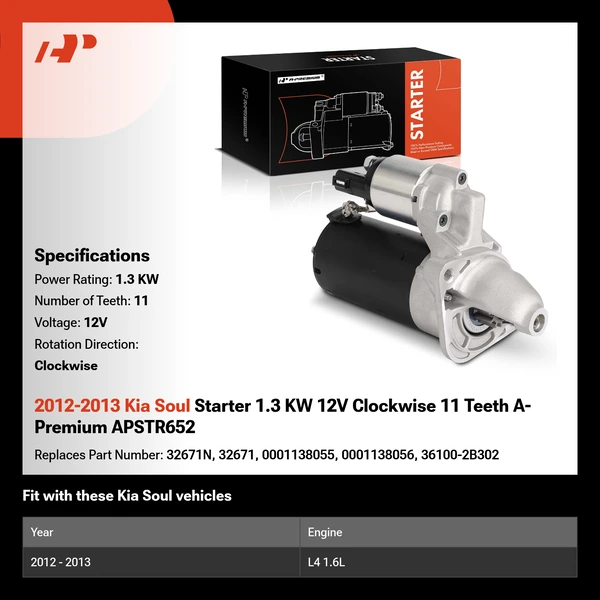 2012-2013 Kia Soul Starter 1.3 KW 12V Clockwise 11 Teeth A-Premium APSTR652