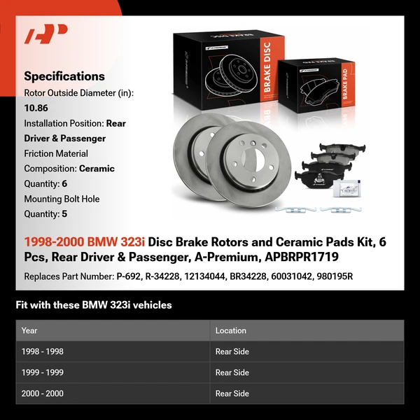 1998-2000 BMW 323i Disc Brake Rotors and Ceramic Pads Kit, 6 Pcs, Rear Driver & Passenger, A-Premium, APBRPR1719