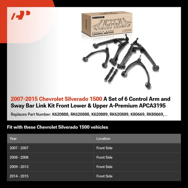 2007-2015 Chevrolet Silverado 1500 A Set of 6 Control Arm and Sway Bar Link Kit Front Lower & Upper A-Premium APCA3195