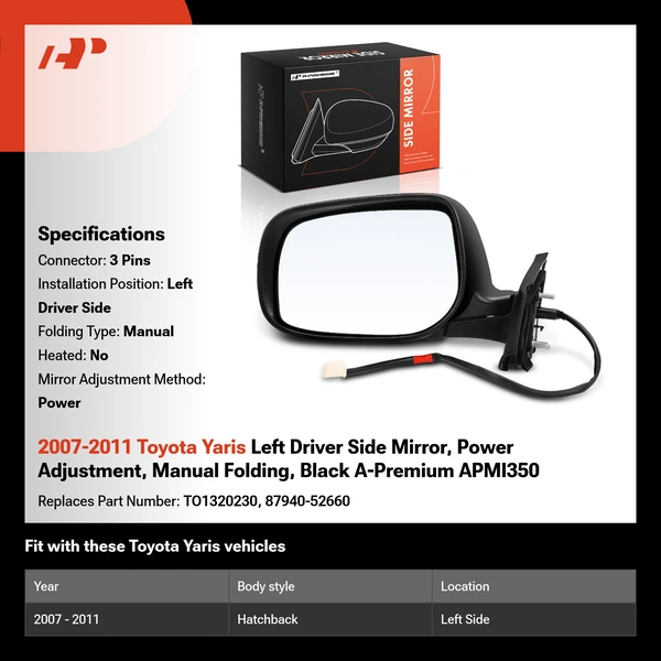 2007-2011 Toyota Yaris Left Driver Side Mirror, Power Adjustment, Manual Folding, Black A-Premium APMI350