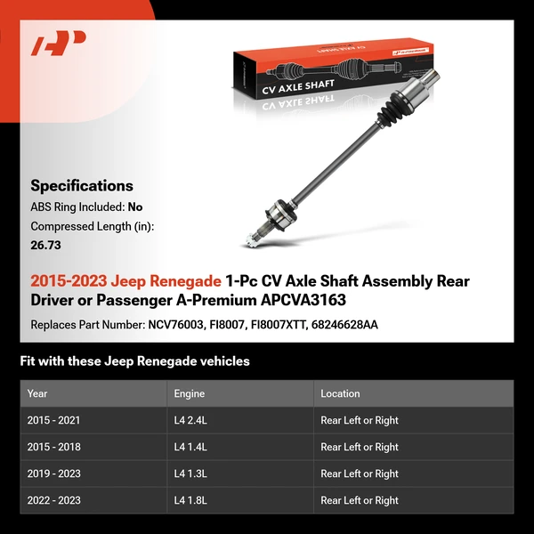 2015-2023 Jeep Renegade 1-Pc CV Axle Shaft Assembly Rear Driver or Passenger A-Premium APCVA3163