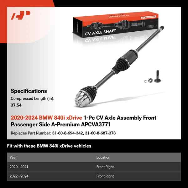 2020-2024 BMW 840i xDrive 1-Pc CV Axle Assembly Front Passenger Side A-Premium APCVA3771