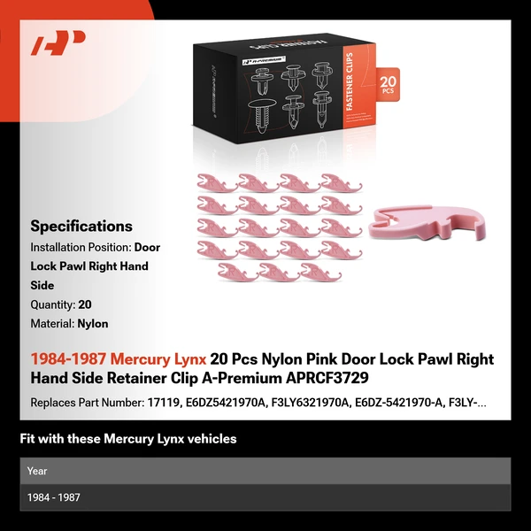 1984-1987 Mercury Lynx 20 Pcs Nylon Pink Door Lock Pawl Right Hand Side Retainer Clip A-Premium APRCF3729