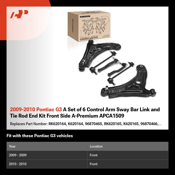 2009-2010 Pontiac G3 A Set of 6 Control Arm Sway Bar Link and Tie Rod End Kit Front Side A-Premium APCA1509