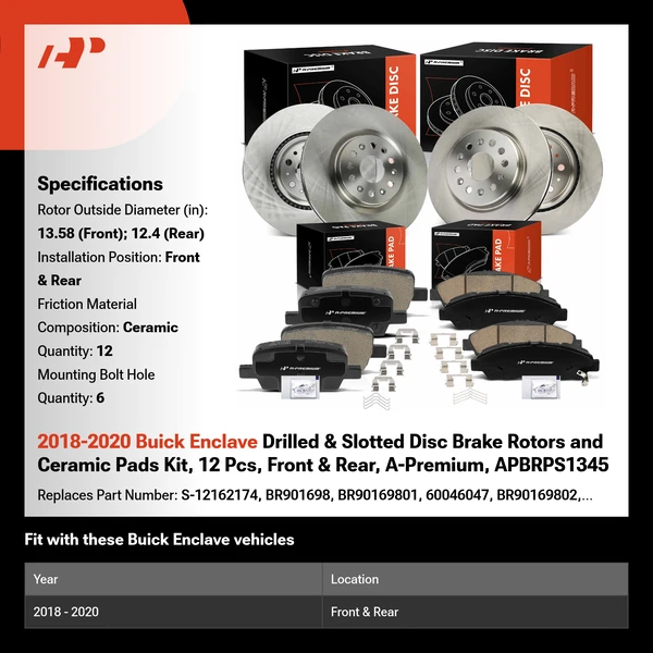 2018-2020 Buick Enclave Drilled & Slotted Disc Brake Rotors and Ceramic Pads Kit, 12 Pcs, Front & Rear, A-Premium, APBRPS1345