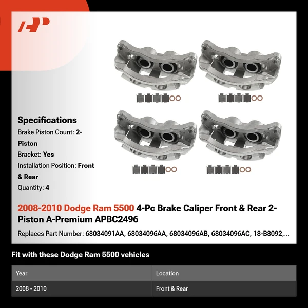 2008-2010 Dodge Ram 5500 4-Pc Brake Caliper Front & Rear 2-Piston A-Premium APBC2496