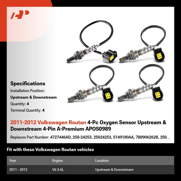 2011-2012 Volkswagen Routan 4-Pc Oxygen Sensor Upstream & Downstream 4-Pin A-Premium APOS0989