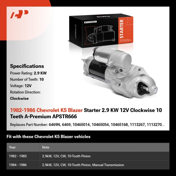 1982-1986 Chevrolet K5 Blazer Starter 2.9 KW 12V Clockwise 10 Teeth A-Premium APSTR666