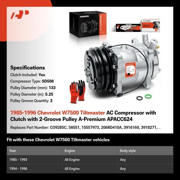 1985-1996 Chevrolet W7500 Tiltmaster AC Compressor with Clutch with 2-Groove Pulley A-Premium APACC624