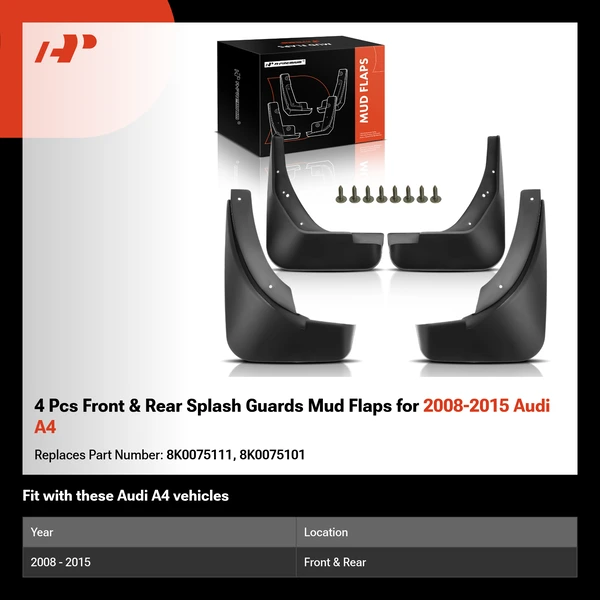 4 Pcs Front & Rear Splash Guards Mud Flaps for 2008-2015 Audi A4