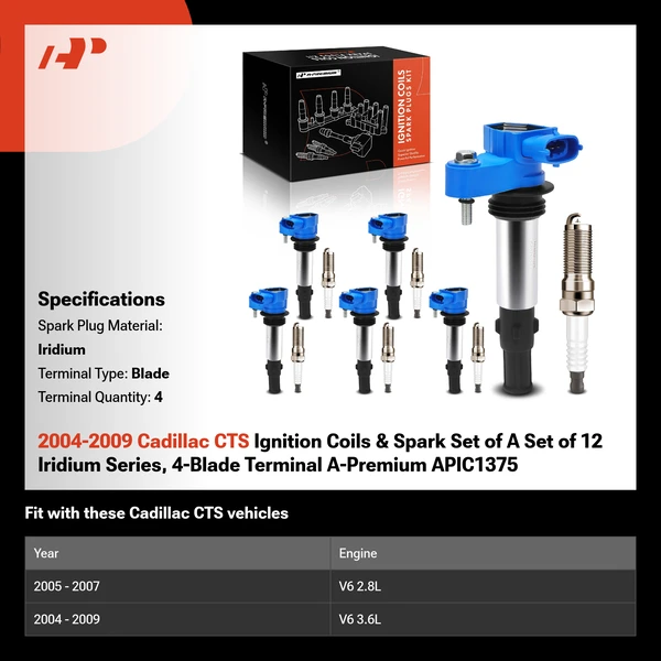 2004-2009 Cadillac CTS Ignition Coils & Spark Set of A Set of 12 Iridium Series, 4-Blade Terminal A-Premium APIC1375