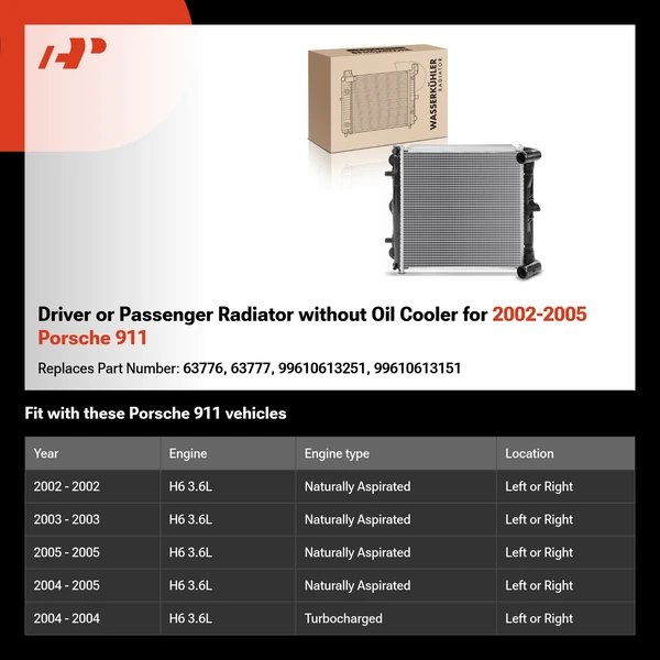 Driver or Passenger Radiator without Oil Cooler for 2002-2005 Porsche 911