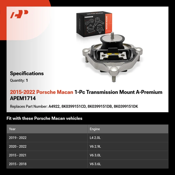 2015-2022 Porsche Macan 1-Pc Transmission Mount A-Premium APEM1714