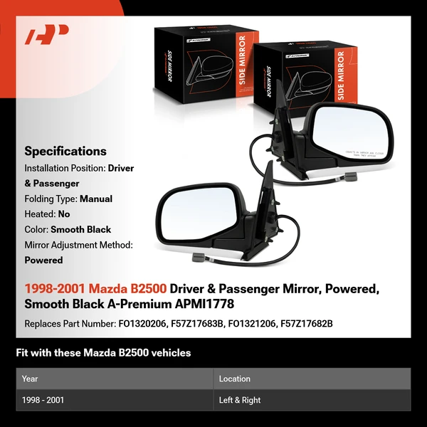 1998-2001 Mazda B2500 Driver & Passenger Mirror, Powered, Smooth Black A-Premium APMI1778