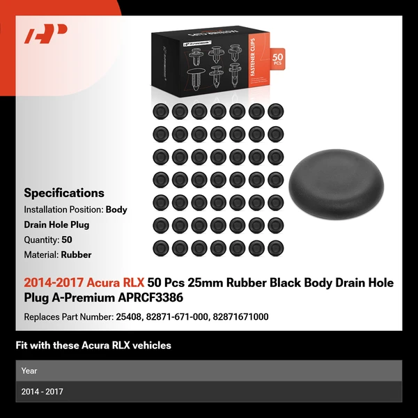 2014-2017 Acura RLX 50 Pcs 25mm Rubber Black Body Drain Hole Plug A-Premium APRCF3386