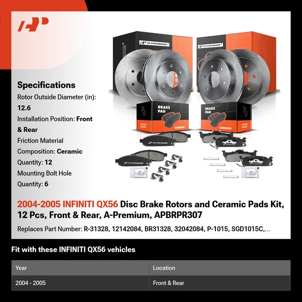 2004-2005 INFINITI QX56 Disc Brake Rotors and Ceramic Pads Kit, 12 Pcs, Front & Rear, A-Premium, APBRPR307