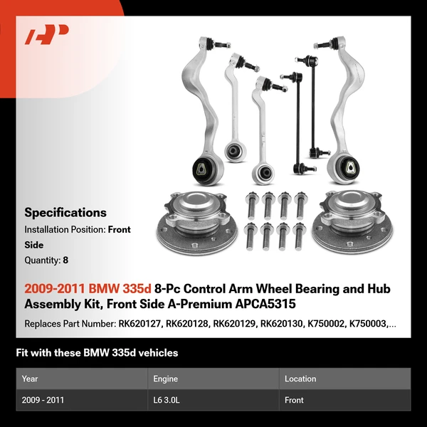 2009-2011 BMW 335d 8-Pc Control Arm Wheel Bearing and Hub Assembly Kit, Front Side A-Premium APCA5315