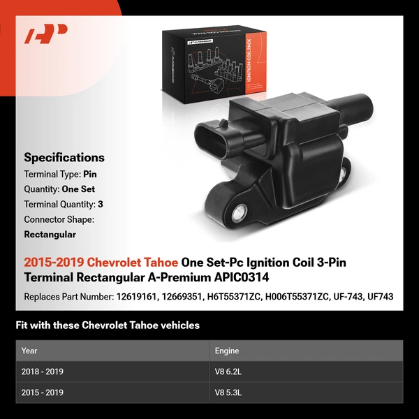 2015-2019 Chevrolet Tahoe One Set-Pc Ignition Coil 3-Pin Terminal Rectangular A-Premium APIC0314
