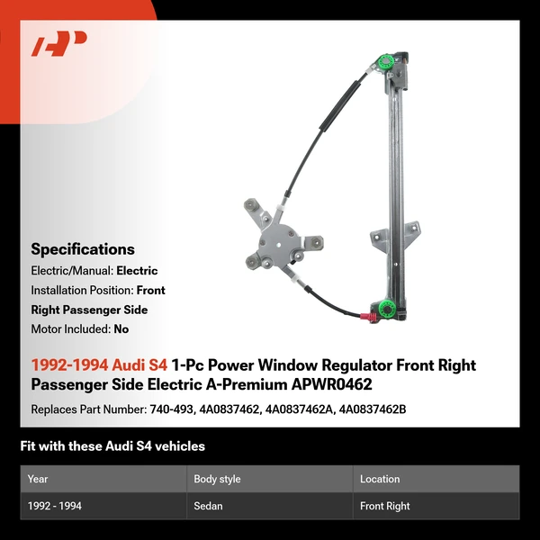 1992-1994 Audi S4 1-Pc Power Window Regulator Front Right Passenger Side Electric A-Premium APWR0462