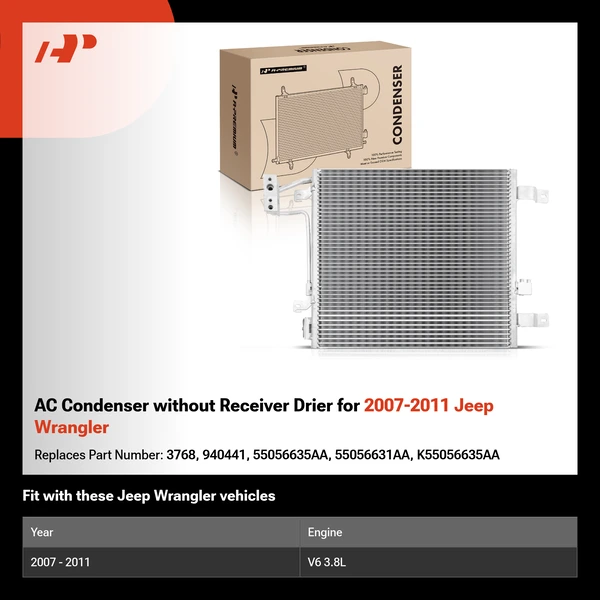AC Condenser without Receiver Drier for 2007-2011 Jeep Wrangler