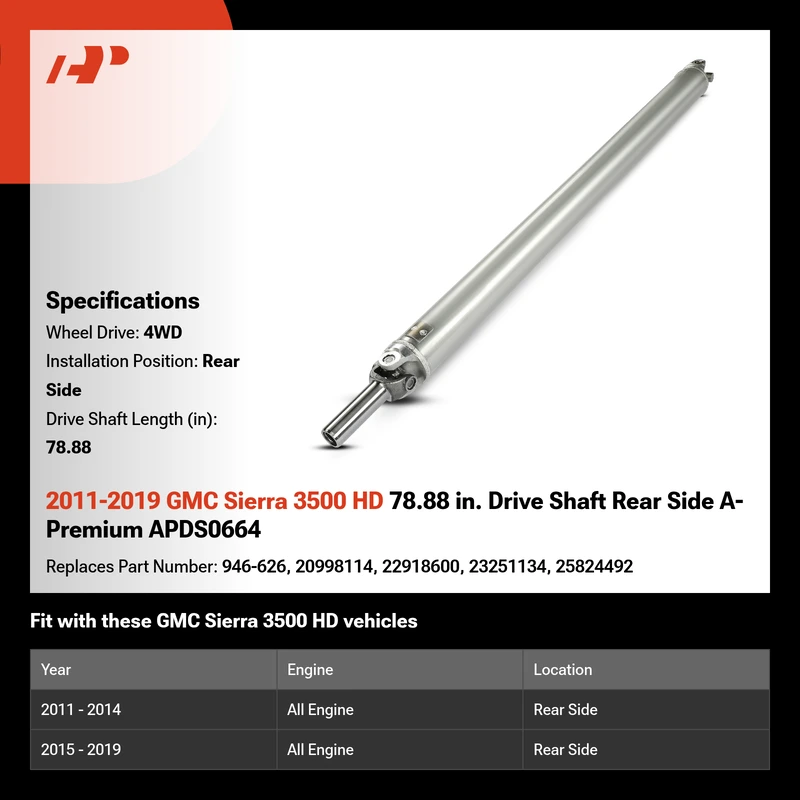 2011-2019 GMC Sierra 3500 HD 78.88 in. Drive Shaft Rear Side A-Premium APDS0664
