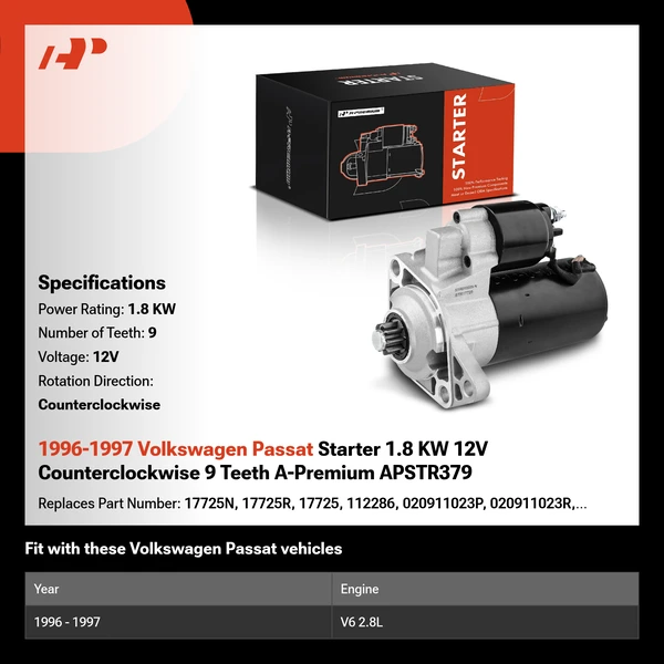 1996-1997 Volkswagen Passat Starter 1.8 KW 12V Counterclockwise 9 Teeth A-Premium APSTR379