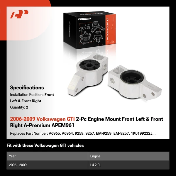 2006-2009 Volkswagen GTI 2-Pc Engine Mount Front Left & Front Right A-Premium APEM961