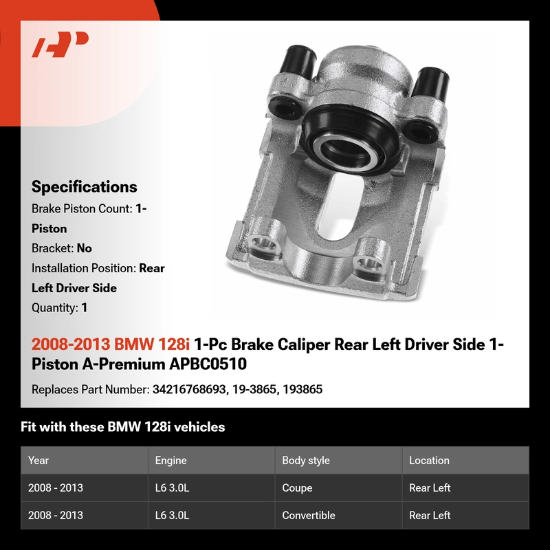 2008-2013 BMW 128i 1-Pc Brake Caliper Rear Left Driver Side 1-Piston A-Premium APBC0510