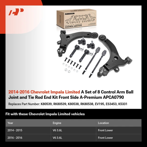 2014-2016 Chevrolet Impala Limited A Set of 8 Control Arm Ball Joint and Tie Rod End Kit Front Side A-Premium APCA0790