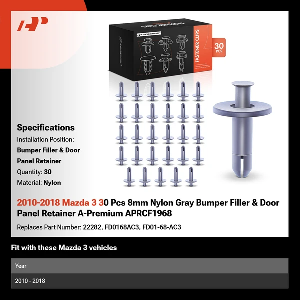 2010-2018 Mazda 3 30 Pcs 8mm Nylon Gray Bumper Filler & Door Panel Retainer A-Premium APRCF1968