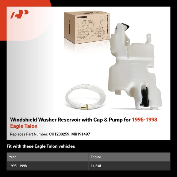Windshield Washer Reservoir with Cap & Pump for 1995-1998 Eagle Talon