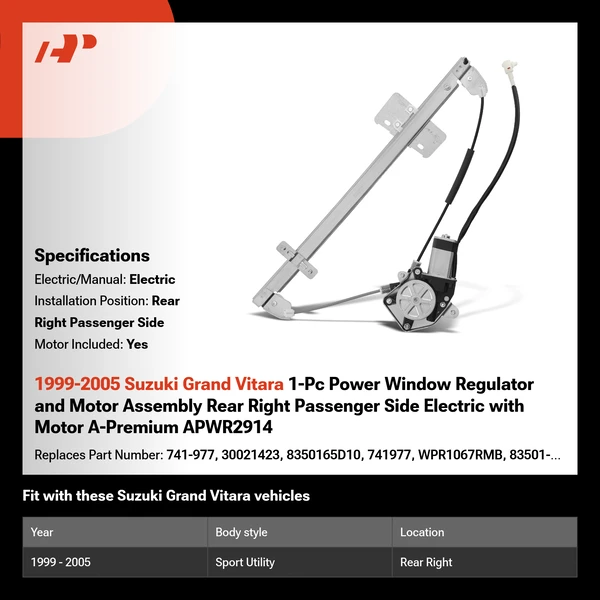 1999-2005 Suzuki Grand Vitara 1-Pc Power Window Regulator and Motor Assembly Rear Right Passenger Side Electric with Motor A-Premium APWR2914